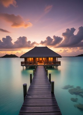 Wooden bungalow on stilts over turquoise water at sunset
