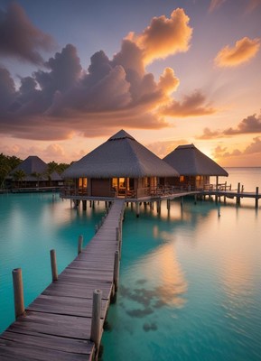 A wooden dock leads to overwater bungalows at sunset