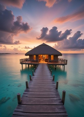 A wooden dock leads to a thatched-roof bungalow at sunset