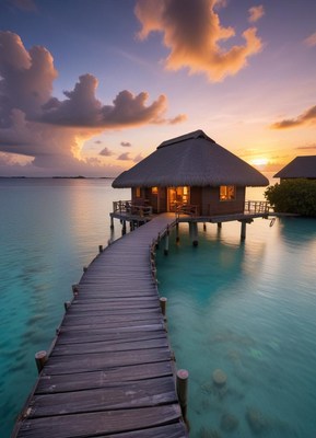 A wooden dock leads to a thatched-roof bungalow at sunset