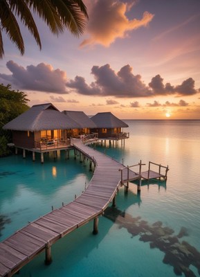 A wooden walkway leads to overwater bungalows at sunset