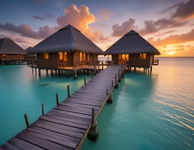 Wooden bungalows on stilts at sunset