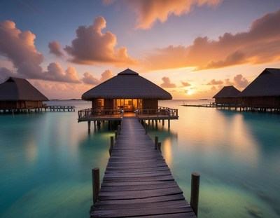 A wooden dock leads to a water bungalow during sunset
