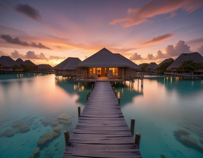 A wooden dock leads to a bungalow on a tropical island