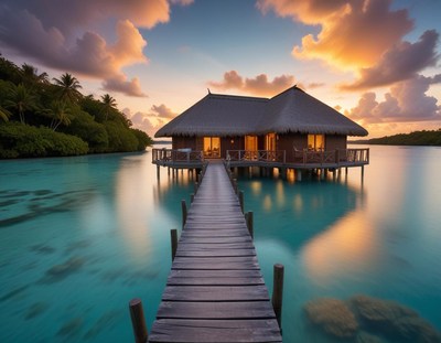 A wooden house on stilts sits in a lagoon at sunrise