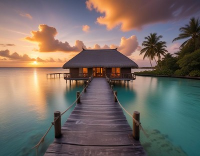A wooden house on stilts sits in calm waters at sunset