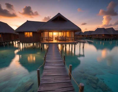 A wooden walkway leads to a bungalow on stilts at sunset