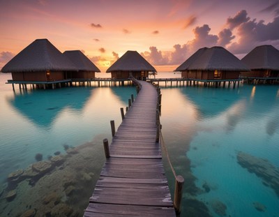 A wooden walkway leads to a water villa at sunset