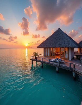 Stilted bungalow over turquoise water at sunset