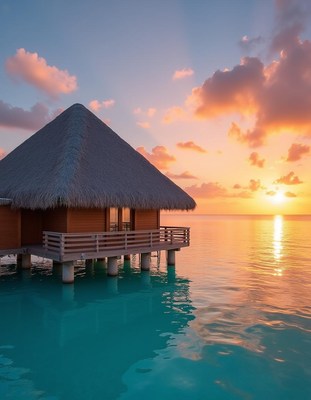 Bungalow on stilts over turquoise water at sunset