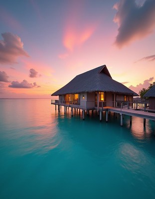 Stilted bungalow over turquoise water at sunset