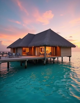A wooden overwater bungalow with a thatched roof at sunset