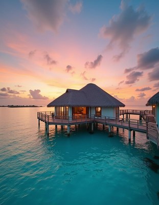 A thatched bungalow on stilts over turquoise water