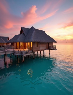 A water villa at sunset in the maldives