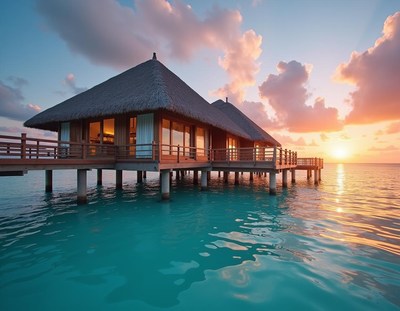 Bungalow on stilts over turquoise water at sunset