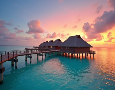 Overwater bungalows at sunset in the maldives