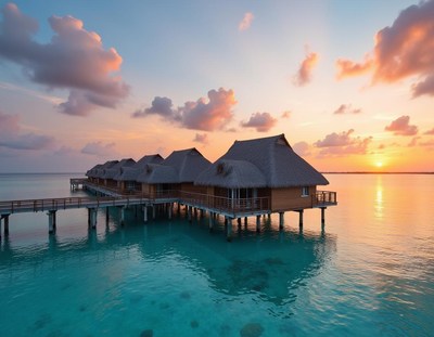 Overwater bungalows at sunset in the tropics