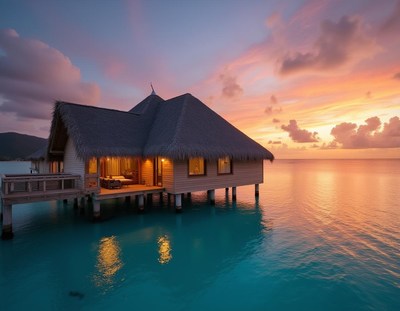A tropical overwater bungalow at sunset