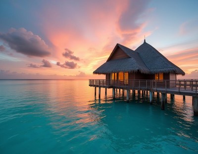 A wooden overwater bungalow at sunset