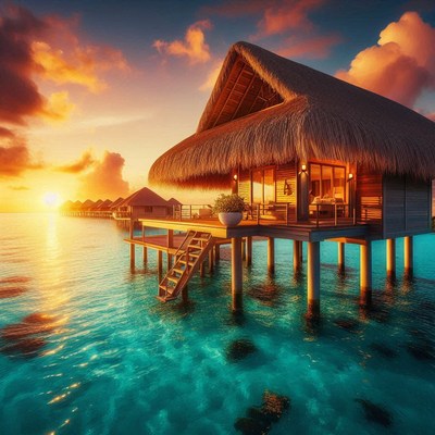 A stilted hut over turquoise water at sunset