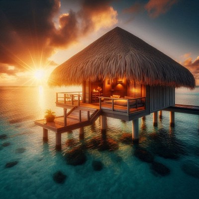 A stilted bungalow with a thatched roof at sunset