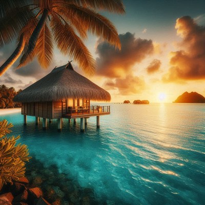 A tropical bungalow on stilts at sunset