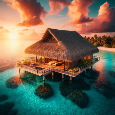 A thatched-roof overwater bungalow at sunset in the maldives