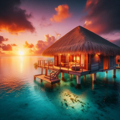 A tropical overwater bungalow at sunset