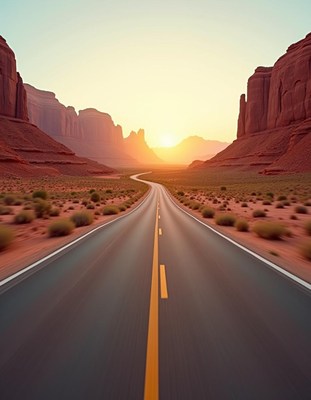 A scenic highway winds through the desert at sunset