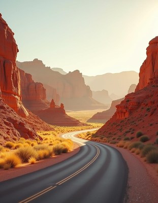 A winding road through red rock canyons