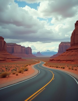 A winding road cuts through monument valley