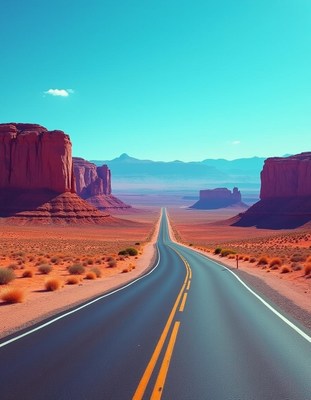 A road stretches through the desert in monument valley