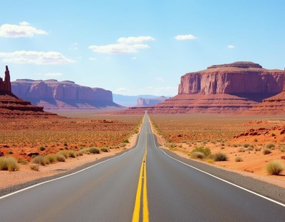 A road stretches through the desert in monument valley