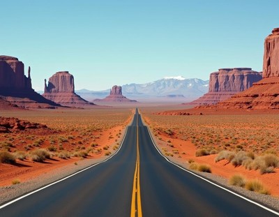 A paved road stretches through monument valley