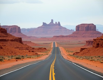 A long, straight road winds through monument valley