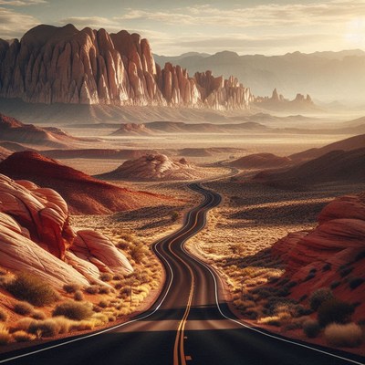 A winding road leads through a desert landscape at sunset