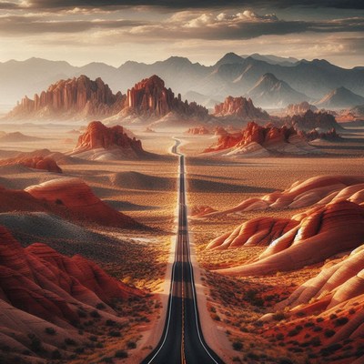 A winding road cuts through the red rock desert