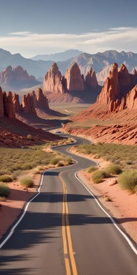 A winding road leads through the red rock formations of utah