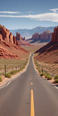 A road winds through the red rock canyons of monument valley