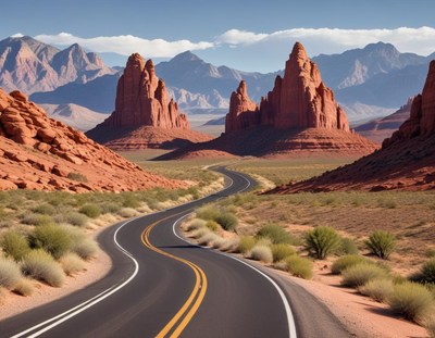 A winding road leads through a desert landscape in utah