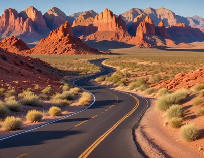 A paved road curves through a desert landscape