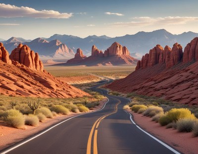 A winding road runs through valley of the gods