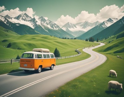 A yellow van drives along a winding road in the mountains