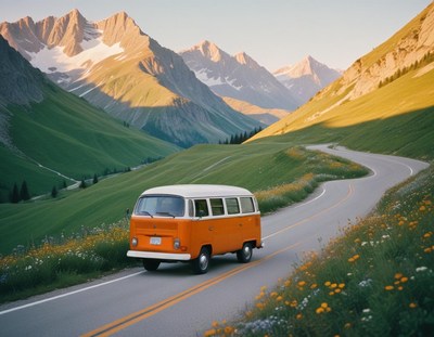 A van drives on a winding mountain road