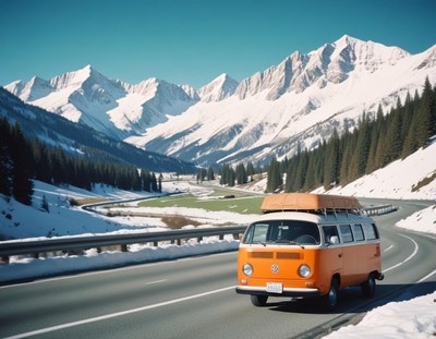 A vintage van drives through snowy mountains