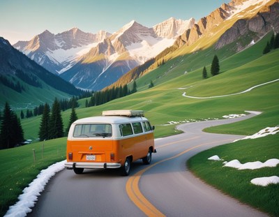 A van drives on a winding road through the swiss alps