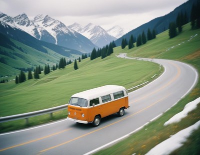 White and orange van winds through mountain roads