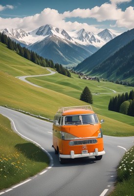 Orange van winds through the austrian alps