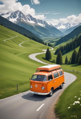 A vintage van drives down a winding road in the alps