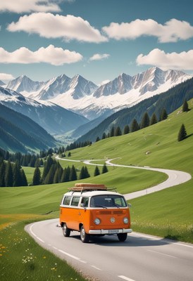 An orange van drives along a winding road in the alps